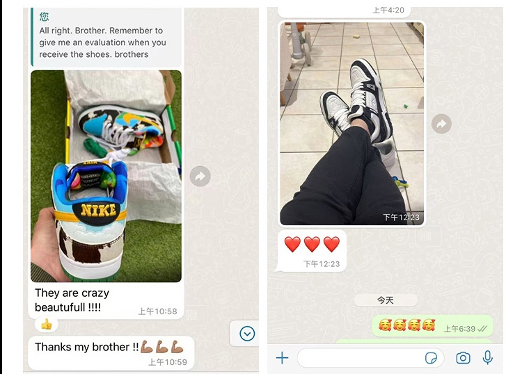 Customer feedback - WhatsApp reviews showing customers wearing and praising sneaker quality